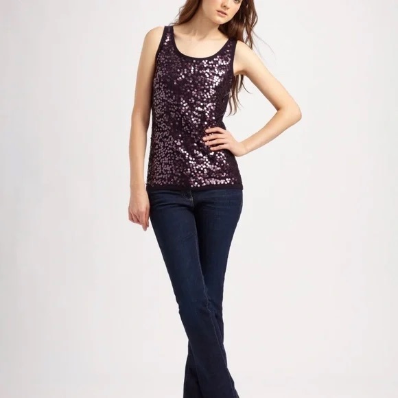 EILEEN FISHER 100% BLACK MERINO WOOL & PURPLE SEQUIN TOP SIZE LARGE - Picture 5 of 16